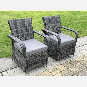2 PC High Back PE Rattan Outdoor Garden Arm Chair With Seat Cushion Dark Grey Mixed