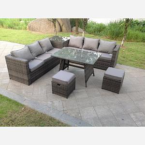 Corner rattan sofa set dining table outdoor garden furniture with footstool dark grey mixed 8 seater