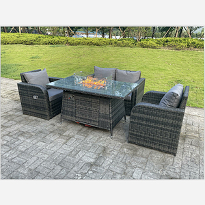 Dark Mixed Grey Rattan Outdoor Garden Furniture Gas Fire Pit Table Sets Love Sofa Recling Chairs 4 Seater
