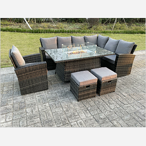 High Back Rattan Garden Furniture Sets Gas Fire Pit Dining Table Set Right Corner Sofa Small Footstools Chair 9 Seater