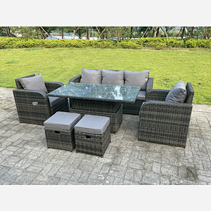 Dark Mixed Grey Rattan Outdoor Garden Furniture Lifting Adjustable Dining Or Coffee Table Sets Lounge Sofa Recling Chairs Small Footstools 7 Seater
