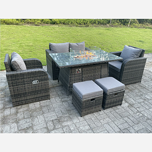 Dark Mixed Grey Rattan Outdoor Garden Furniture Gas Fire Pit Table Sets Love Sofa Recling Chairs Small Footstools 6 Seater