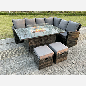 High Back Rattan Garden Furniture Sets Gas Fire Pit Dining Table Set Right Corner Sofa Small Footstools 8 Seater