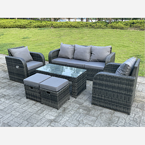 Dark Mixed Grey Rattan Outdoor Garden Furniture Oblong Coffee Table Sets lounge Sofa Recling Chairs Small Footstools 7 Seater
