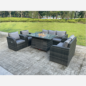 Dark Mixed Grey Rattan Outdoor Garden Furniture Gas Fire Pit Table Sets Lounge Love Sofa Recling Chairs 7 Seater