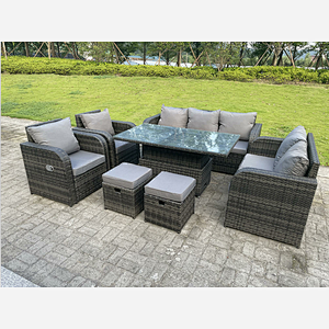 Dark Mixed Grey Rattan Outdoor Garden Furniture Lifting Adjustable Dining Or Coffee Table Sets Love Sofa 3 Seater Sofa Small Footstools Recling Chairs 9 Seater