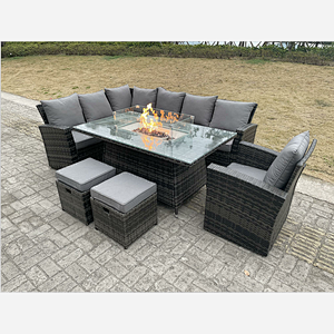 High Back Rattan Garden Furniture Sets Gas Fire Pit Dining Table Set Left Corner Sofa Small Footstools Chair 9 Seater