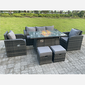 Dark Mixed Grey Rattan Outdoor Garden Furniture Gas Fire Pit Table Sets lounge Sofa Recling Chairs Small Footstools 7 Seater