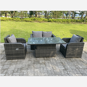 Dark Mixed Grey Rattan Outdoor Garden Furniture Lifting Adjustable Dining Or Coffee Table Sets Love Sofa Recling Chairs 4 Seater