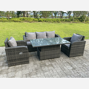 Dark Mixed Grey Rattan Outdoor Garden Furniture Lifting Adjustable Dining Or Coffee Table Sets Lounge Sofa Recling Chairs 5 Seater