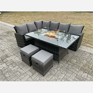 High Back Rattan Garden Furniture Sets Gas Fire Pit Dining Table Set Left Corner Sofa Small Footstools 8 Seater