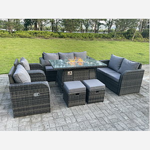 Dark Mixed Grey Rattan Outdoor Garden Furniture Gas Fire Pit Table Sets Lounge Love Sofa Recling Chairs Small Footstools 9 Seater