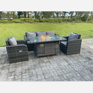 Dark Mixed Grey Rattan Outdoor Garden Furniture Gas Fire Pit Table Sets Lounge Sofa Recling Chairs 5 Seater