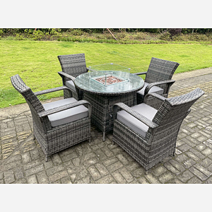 4-6 Seater Rattan Garden Furniture Gas Fire Pit Dining Table And Chair Set Patio