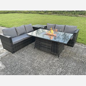 Outdoor Rattan Garden Furniture Gas Fire Pit Dining Table Sets Side table Dark Mixed Grey 6 seater