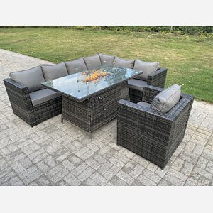Outdoor Rattan Garden Corner Furniture Gas Fire Pit Dining Table Sets Lounge Chairs Dark Grey 7 seater