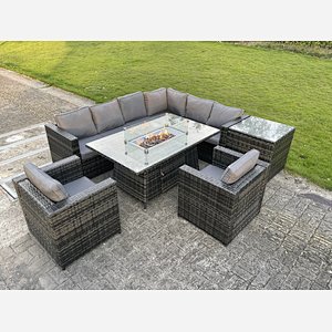 Outdoor Rattan Garden Corner Furniture Gas Fire Pit Dining Table Sets Lounge Chairs Side table Dark Grey 8 seater