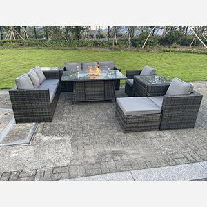 Outdoor Rattan Garden Furniture Gas Fire Pit Dining Table Sets Lounge Chairs Side tables Dark Mixed Grey 9 seater