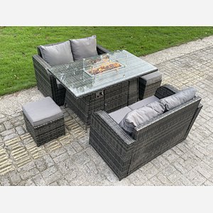 Rattan Outdoor Furniture Gas Fire Pit Rectangle Dining Table Gas Heater Love Sofa Small Footstools Sets 6 seater