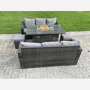 Rattan Outdoor Furniture Gas Fire Pit Rectangle Dining Table Gas Heater 3 Seater Sofa Small Footstools Sets 8 seater