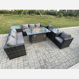 Outdoor Rattan Garden Furniture Gas Fire Pit Dining Table Sets Lounge Chairs Side tables Dark Mixed Grey 8 seater