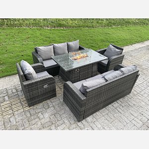 Rattan Outdoor Furniture Gas Fire Pit Rectangle Dining Table Gas Heater Reclining Chair 3 Seater sofa Sets 8 seater
