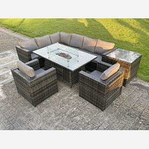 Outdoor Rattan Garden Corner Furniture Gas Fire Pit Dining Table Sets Lounge Chairs Side table Dark Grey 8 seater