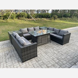 Outdoor Rattan Garden Furniture Gas Fire Pit Dining Table Sets Side Tables Dark Mixed Grey 9 seater