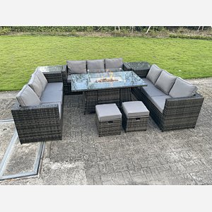 Outdoor Rattan Garden Corner Furniture Gas Fire Pit Table Sets Side Tables Small Footstools Dark Grey 11 seater