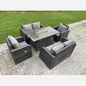 Rattan Outdoor Furniture Gas Fire Pit Rectangle Dining Table Gas Heater Reclining Chairs Love sofa Sets 6 seater
