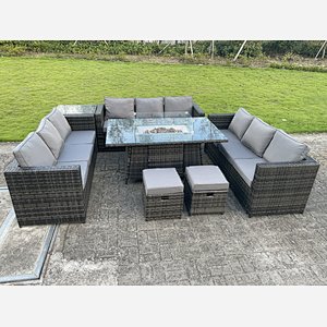 Outdoor Rattan Garden Furniture Gas Fire Pit Dining Table Sets Side Table Small Footstools Dark Mixed Grey 11 seater