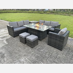 Outdoor Rattan Garden Furniture Gas Fire Pit Dining Table Sets Lounge Chairs Small Footstools Dark Mixed Grey 9 seater