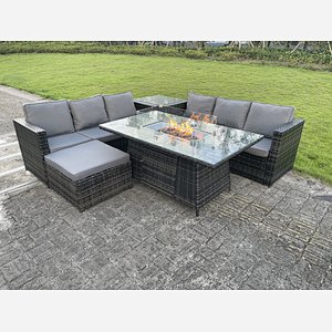Outdoor Rattan Garden Furniture Gas Fire Pit Dining Table Sets Lounge Big Footstool Dark Mixed Grey 7 seater