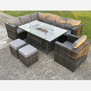 9 seater Outdoor Rattan Garden Left Corner Furniture Gas Fire Pit Table Sets Gas Heater Lounge Small Footstools Chair Dark Grey