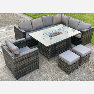 9 Seater Outdoor Rattan Garden Furniture Gas Fire Pit Table Sets Gas Heater Lounge Small Footstools Chair Dark Grey Mixe  2 Option