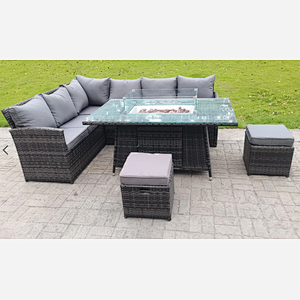 High Back Corner Rattan Garden Furniture Set 8 Seater Sofa Gas Fire Pit Gas Heater Dining Table Sets 2 Small Footstools