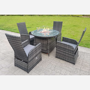 4 Seater Rattan Furniture Gas Fire Pit Round Dining Table Reclining Chair Sets