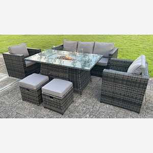 Outdoor Rattan Garden Furniture Gas Fire Pit Table Sets Gas Heater Lounge Chairs Small Footstools Dark Grey 7 seater