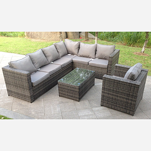 Grey Rattan Corner Sofa Set Outdoor Garden Furniture Coffee Table Chair Right Corner Oblong Table