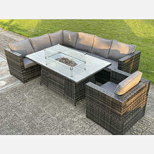 7 Seater Outdoor Rattan Garden Left Corner Furniture Gas Fire Pit Table Sets Gas Heater Lounge Chair Dark Grey