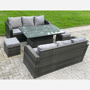 Rattan Garden Furniture Set 8 Seater Outdoor Lounger Sofa Bistro Set with Cushions Footstool Rising Table for Lawn, Patio,Conservatory,Dark Grey Mixed