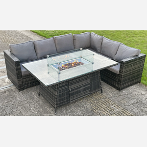 6 seater Outdoor Rattan Garden Right Corner Furniture Set Gas Fire Pit Table Sets Gas Heater Lounge Dark Grey