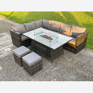 8 seater Outdoor Rattan Garden Left Corner Furniture Gas Fire Pit Table Sets Gas Heater Lounge Small Footstools Dark Grey Outdoor Rattan Garden Left Corner Furniture Gas Fire Pit Table Sets Gas Heater Lounge Small Footstools Dark Grey