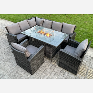 Gas Fire Pit Table 8 Seater Rattan Garden Furniture Set Outdoor Lounger left Corner Sofa Single Chair with Cushions for Lawn, Patio,Conservatory,Dark Grey Mixed