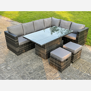 (extra 2 small footstools) rattan corner sofa set with adjustable dining table dark mixed grey