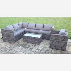 Grey Rattan Corner Sofa Set Outdoor Garden Furniture Coffee Table Chair Left Corner Oblong Table