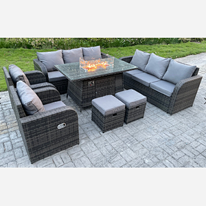 as Fire Pit Table Set Rattan Garden Furniture 10 Seater Outdoor Lounger Sofa Reclining Chairs Footstool with Cushions for Lawn, Patio,Conservatory,Dark Grey Mixed