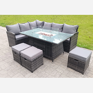 High Back Corner Rattan Garden Furniture Set 9 seater polyrattan Sofa Gas Fire Pit Dining Table Sets Gas Heater 3 Small Footstools