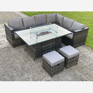 8 seater Outdoor Rattan Garden Right Corner Furniture Gas Fire Pit Table Sets Gas Heater Lounge Small Footstools Dark Grey