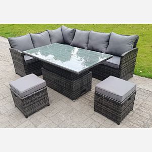 High Back Corner Rattan Garden Furniture Sofa Dining Rising Table Height Adjustable 8 Seater 2 Small Foot Stools